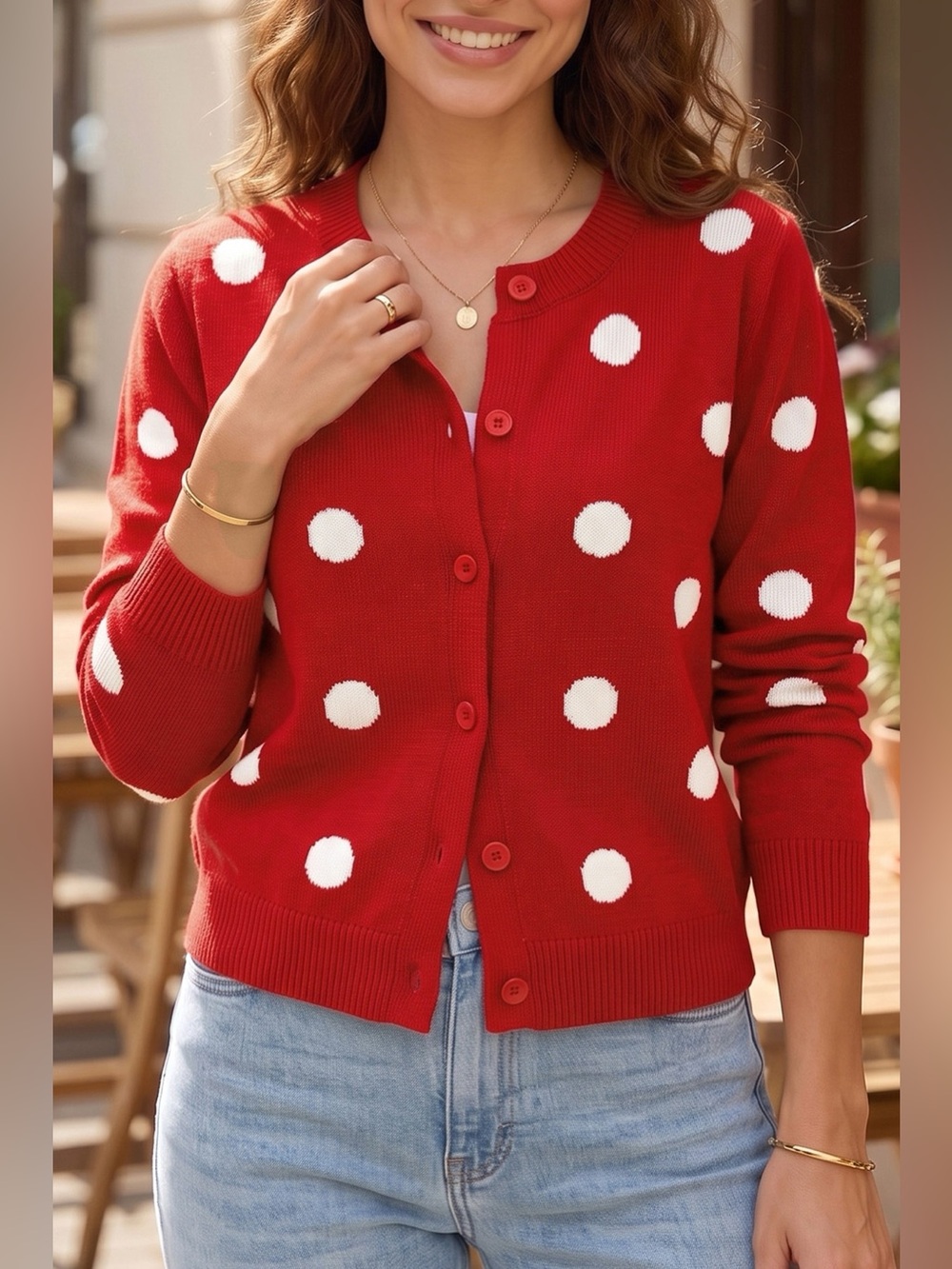 Casual Polka Dot Button Front Long Sleeve Sweater Cardigan